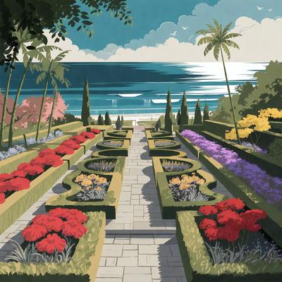 The primary subject of the image is a beautiful garden with a variety of flowers and plants. The garden is situated near the ocean, providing a serene and picturesque setting. The visual style of the image is a combination of photo and illustration, creating a vibrant and lively atmosphere. The dominant colors in the garden are red, purple, and yellow, which add to the overall mood of the scene.